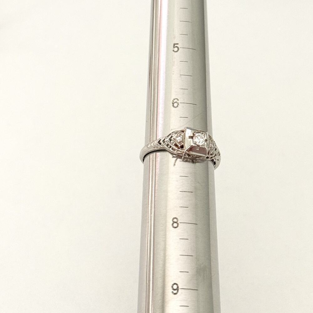 Vintage Art Deco 18K White Gold Diamond 3 Stone Filigree Band Ring Size 6.75 - Picture 12 of 16